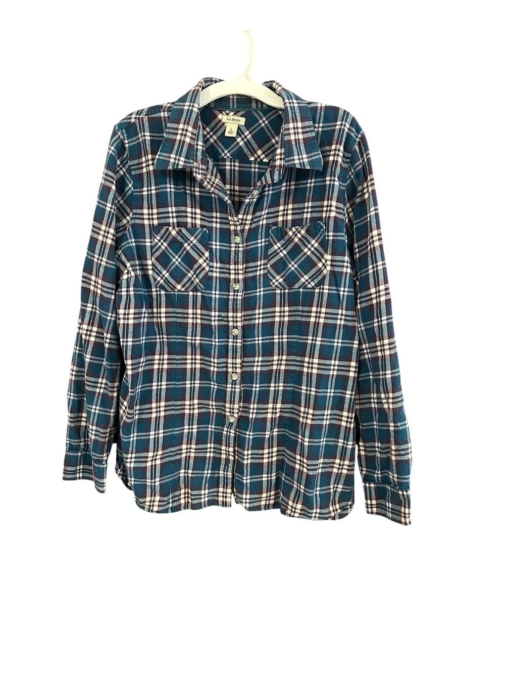 LL Bean Plaid Flannel Shirt Women’s Large Oversized Teal Purple Button Down